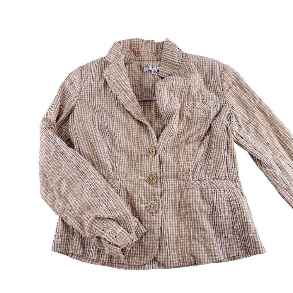 Cabi Women's Beige Checkered Blazer Jacket Small‎ Cotton Button Front gingham